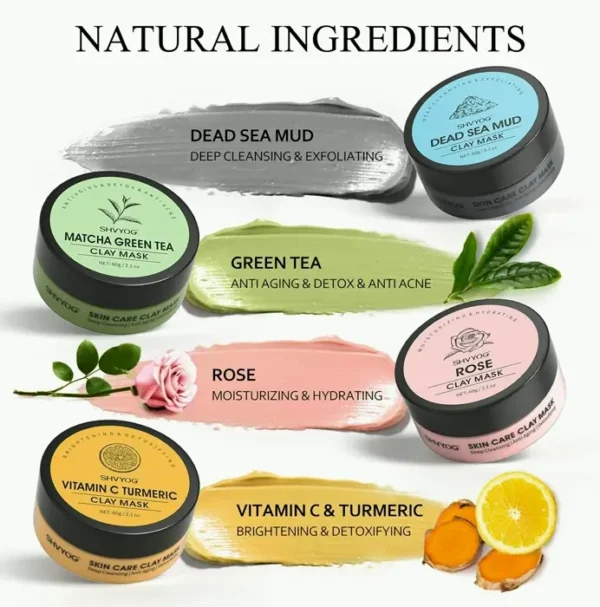 4 Piece Clay Face Pack Kit - Turmeric, Vitamin C, G Tea, Dead Sea Mud, Rose Clay - 8.46oz