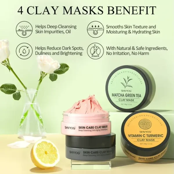 4 Piece Clay Face Pack Kit - Turmeric, Vitamin C, G Tea, Dead Sea Mud, Rose Clay - 8.46oz