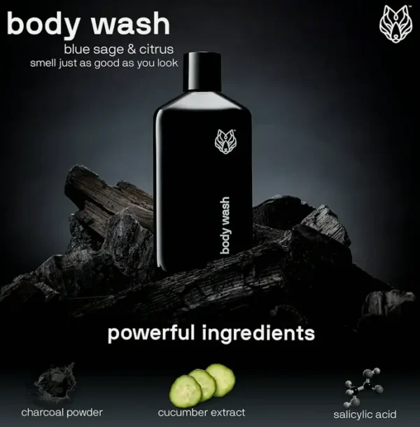 Dark Wolf Charcoal Powder Skin Cleanser for Guys - 10 Fluid Ounces Paraben-Free Men's Bodywash