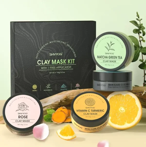 4 Piece Clay Face Pack Kit - Turmeric, Vitamin C, G Tea, Dead Sea Mud, Rose Clay - 8.46oz