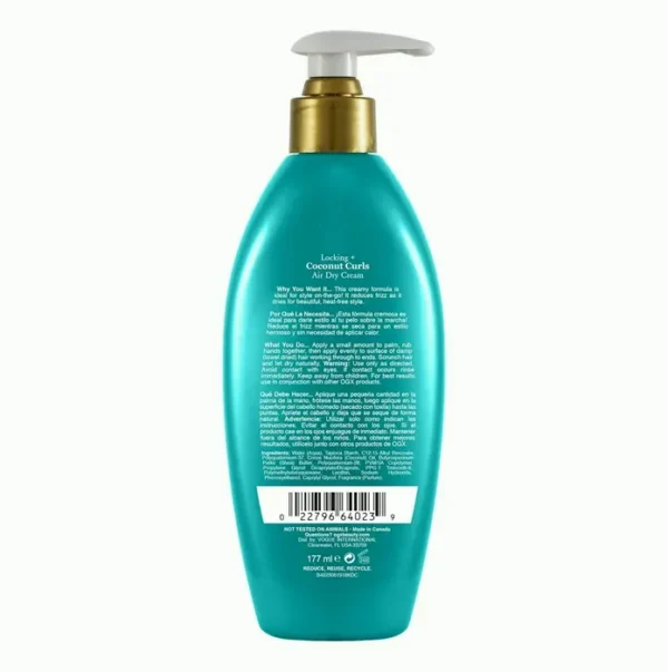 OGX Lock-in + Coconut Curls Air Dry Styling Cream, No Parabens Added, 6 oz