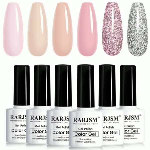 Nude Gel Lacquer Set: 6 Translucent Shades with Silver Pink Glitter - Small Size